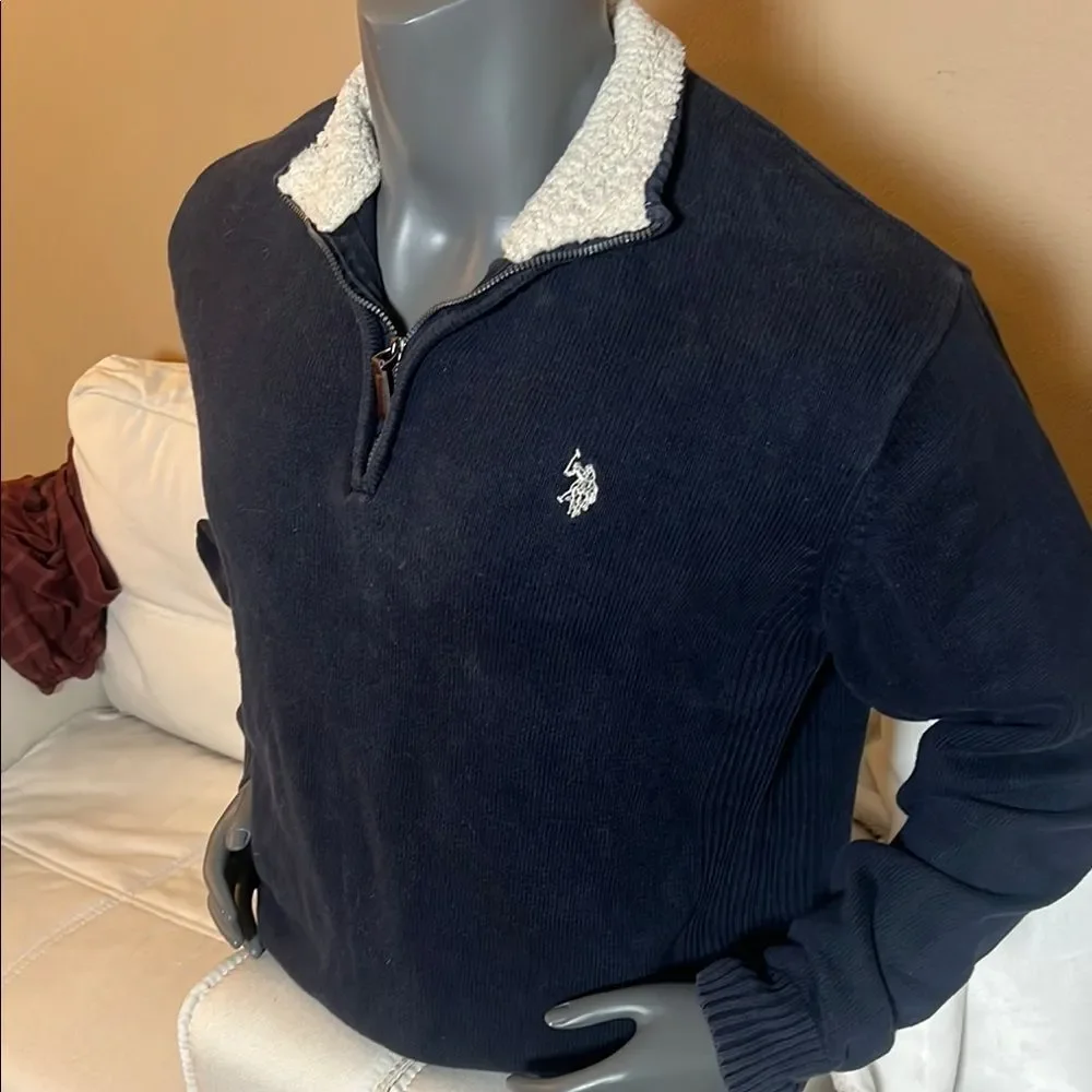 U.S. Polo Assn. Men’s Blue & White Quarter Zip Sweater Sherpa Neck Size XL